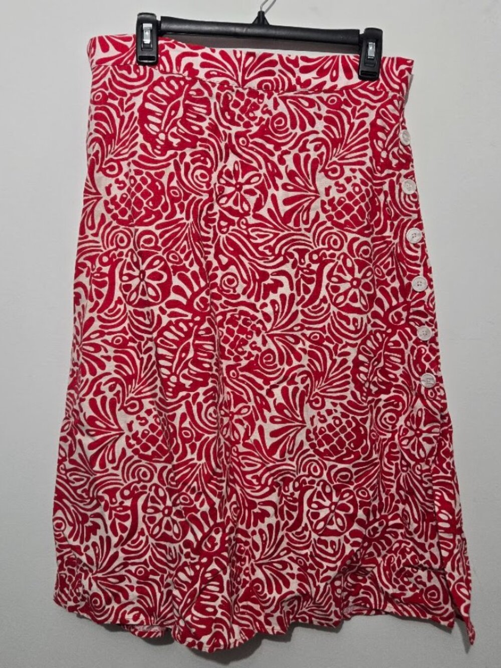 Loft Womens Tropical Linen Blend Midi Skirt Sz M Button Detail Slit Stretch Vaca